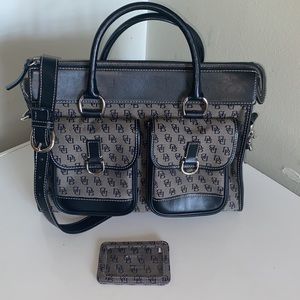 Dooney & Bourke Signature Fabric Double Pocket Tote Black Leather with I…